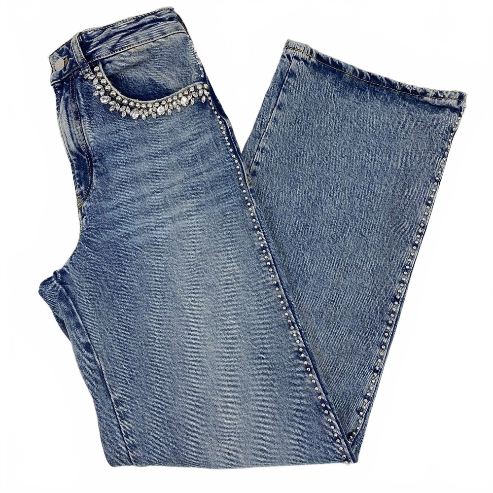 Pilcro and the Letterpress Blue Rhinestone Studded Straight Leg Jeans Womens 25